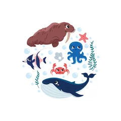 Draagtas Set van schattige cartoon zeezoogdieren, planten en bubbels in ronde vorm vlakke stijl © Kudryavtsev