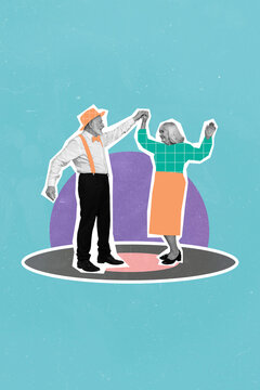 Creative abstract template graphics image of funny funky retired couple having fun together isolated drawing background
