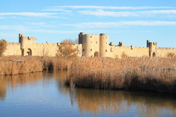 Medieval city of Aigues mortes, a resort on the coast of Occitanie region, Camargue, France