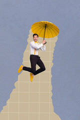 Vertical collage artwork magazine picture of funny funky positive guy smiling suspenders fly yellow...