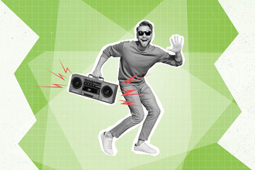 Poster collage of young guy dance with boombox black white filter isolated on drawing green color background