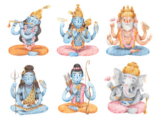 Gods of India. Watercolor illustrations of Hindu deities - Krishna, Vishnu, Brahma, Shiva, Rama and Ganesha. 