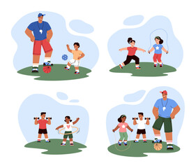 Set of scenes about physical education flat style, vector illustration