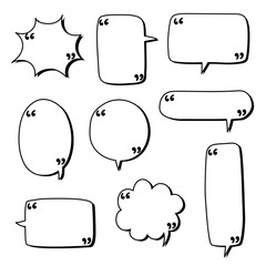 collection set of blank hand drawn speech bubble balloon with quotation marks, think speak talk whisper text box, flat vector illustration design isolated