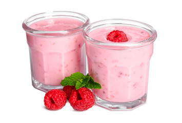 Tasty fresh raspberry smoothie in glasses on white background