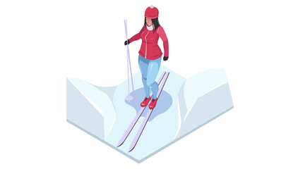 Cross-country skiing. Cross country skier. Winter sports activity. Young advanced woman on ski. Isometric vector illustration.