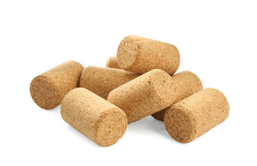 Pile of wine corks on white background. Bottle cap