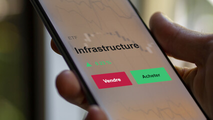 Un investisseur analyse un fonds etf infrastructure sur un graphique. Un téléphone affiche le cours de l'ETF. Texte en français francais Infrastructure