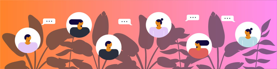 Obraz premium Friends chatting. Vector illustration. Simple avatar on tropical background.Young people are chatting using smartphones with social media elements and icons. Online chat messages. horizontal banner.