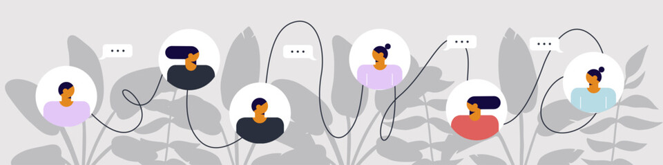 Friends chatting. Vector illustration. Simple avatar on tropical background.Young people are chatting using smartphones with social media elements and icons. Online chat messages. horizontal banner.