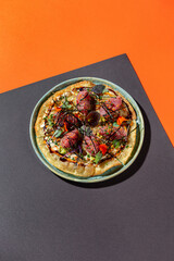 Japanese pizza or flatbread, okonomiyaki, roti, with tuna tartar