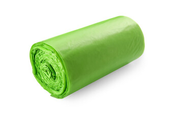 Roll of green garbage bags isolated on white
