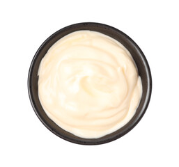 Tasty mayonnaise in bowl isolated on white, top view