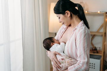 portrait Korean first time mom standing near the window is gazing at the baby daughter in her cradle lovingly while breastfeeding her at a bright home interior.
