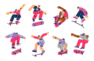 Young people jumping on skateboards, flat vector illustration isolated on white background.