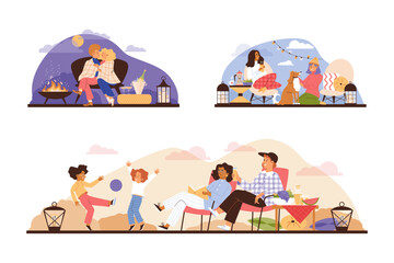 Set of illustrations, family camping, vector in the flat style. Glamping in nature.