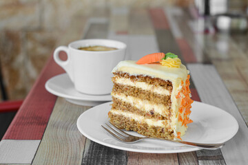Delicious cake and cup of hot coffee on wooden table - obrazy, fototapety, plakaty