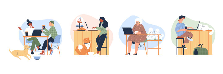 People in pet friendly cafe with cats and dogs flat vector illustration isolated.