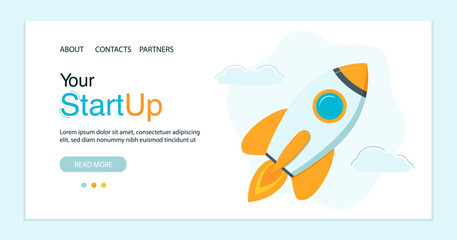 Landing page or website template with rocket, startup concept. Vector illustration