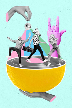 Collage 3d image of pinup pop retro sketch of funny funky people having fun gramophone hall isolated painting background
