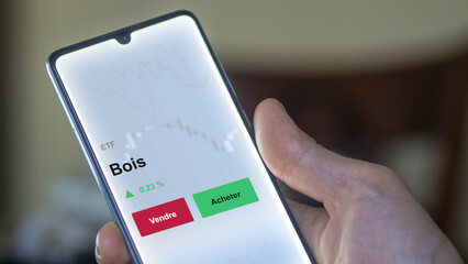 Un investisseur analyse un fonds etf bois sur un graphique. Un téléphone affiche le cours de l'ETF. Texte en français francais Bois