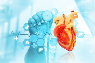 Cardiologist listens to the heart on science background. 3d illustration