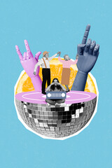 Vertical art collage of dancing rock-and-roll grandparents couple have fun 70s 80s party disco ball...