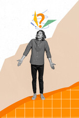 Vertical banner collage of guy not know what to do wear casual cloth isolated on painting colorful...