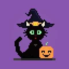 Halloween pixel black cat wearing witch hat with pumpkin 