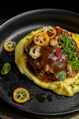 Grilled meat steak with sauce with mashed potatoes