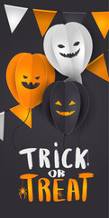 Happy Halloween banner design template with paper balloon pumpkins, emojis, wichiringa flags and coffetti.