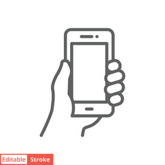 Hand holding smartphone icon. Simple outline style. Hold mobile phone with white screen. Thin line vector illustration isolated on white background. Editable stroke EPS 10.