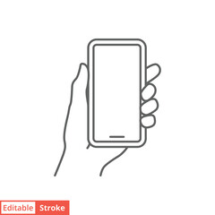 Hand holding smartphone icon. Simple outline style. Hold mobile phone with white screen. Thin line vector illustration isolated on white background. Editable stroke EPS 10.