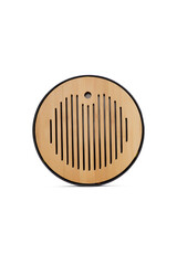 Detailed shot of a tea desk. The collapsible tea tray consists of a board and a pallet. The designer round melamine and bamboo tea table in chinese style is located on the white background.