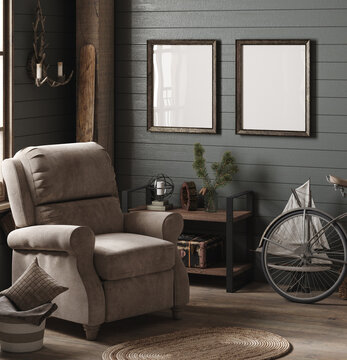 Frame mockup in cozy barn interior background, 3d render