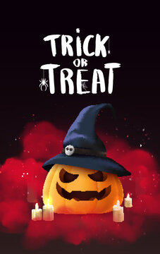 Happy halloween red banner with illustration of realistic pumpkins with faces in a cloud of smoke with witch hat.