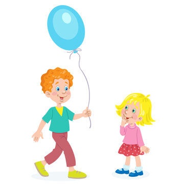 Funny boy gives a blue balloon to a cute little girl. In cartoon style. Isolated on white background. Vector illustration