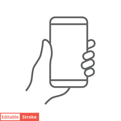 Hand holding smartphone icon. Simple outline style. Hold mobile phone with white screen. Thin line vector illustration isolated on white background. Editable stroke EPS 10.
