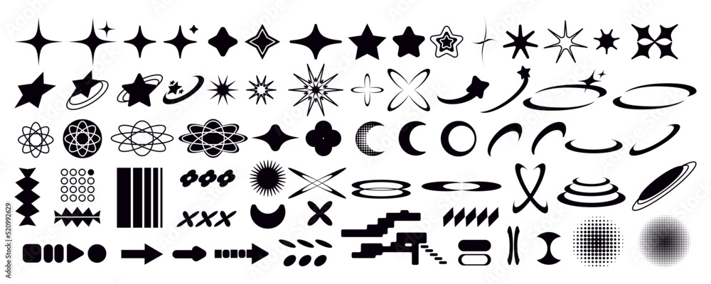 Wall mural set of y2k bling retro elements and abstract brutalism shapes. hipster graphic objects for logo, ico