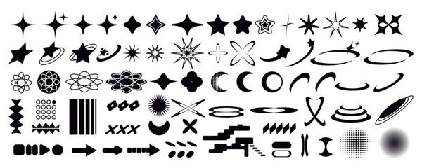 Set of Y2K bling retro elements and abstract brutalism shapes. Hipster graphic objects for logo, icon, web design. Modern vector illustration isolated on white background - obrazy, fototapety, plakaty