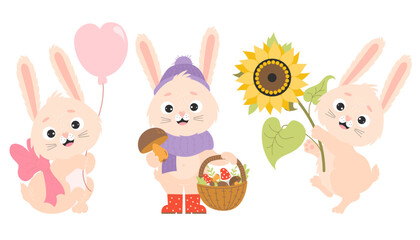 Collection of cute rabbits. Happy bunny with sunflower and balloon, autumn hare mushroom picker with basket of mushrooms. Vector illustration. Isolated characters for postcard, design and decor, print