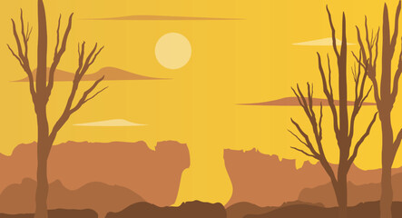 Background with trees and cliff view in the evening, with orange hues. Vector illustration, isolated.
