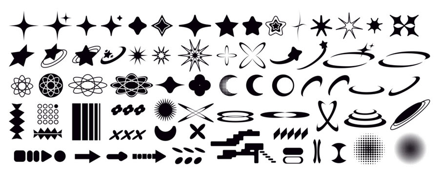 Set of Y2K bling retro elements and abstract brutalism shapes. Hipster graphic objects for logo, icon, web design. Modern vector illustration isolated on white background