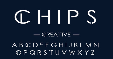 CHIP style alphabet. Thin segment line font, minimalist type for modern futuristic logo, elegant monogram, digital device and hud graphic. Minimal style letters, vector typography design.