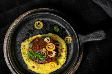 Grilled meat steak with sauce with mashed potatoes