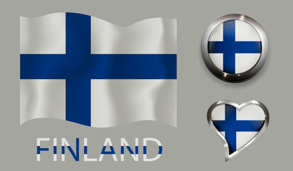 set nation Finland flag glossy button heart