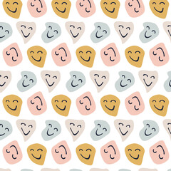 Distorted Smiley pattern, melted smile emoticon. Retro psychedelic smiles with flowers design.