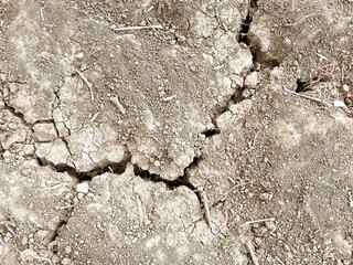 Texture of dry cracked soil due to global warming effect, aridity, drought. Top view. Nature background.