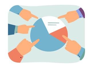 Fingers of businessmen pointing at pie diagram. Hands of workers and chart, company statistics or analysis flat vector illustration. Business, marketing concept for banner or landing web page