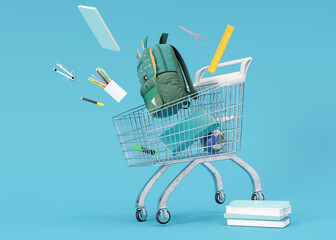 Shopping cart, trolley with school stationery items on blue background. Shopping for school, sale of school supplies. Back to school concept. Shopping, good offer. 3D rendering.